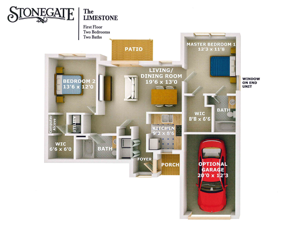 Floor plan for 2 beds, 2 baths, 1035 sqft